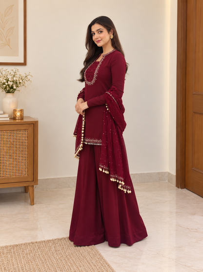 Graceful Maroon Embellished Sharara Suit Set