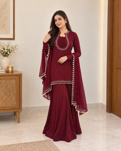 Graceful Maroon Embellished Sharara Suit Set