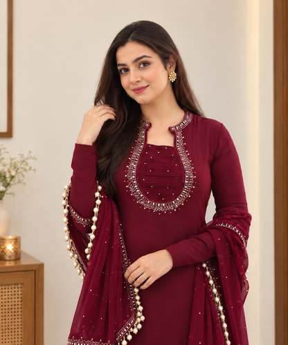 Graceful Maroon Embellished Sharara Suit Set