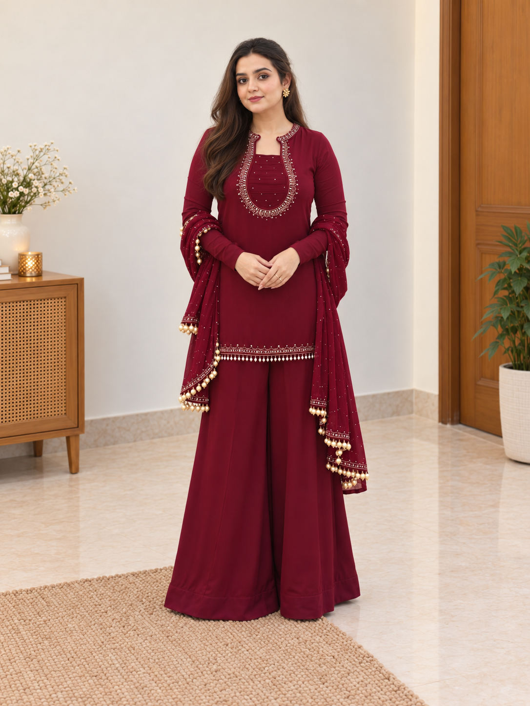 Graceful Maroon Embellished Sharara Suit Set