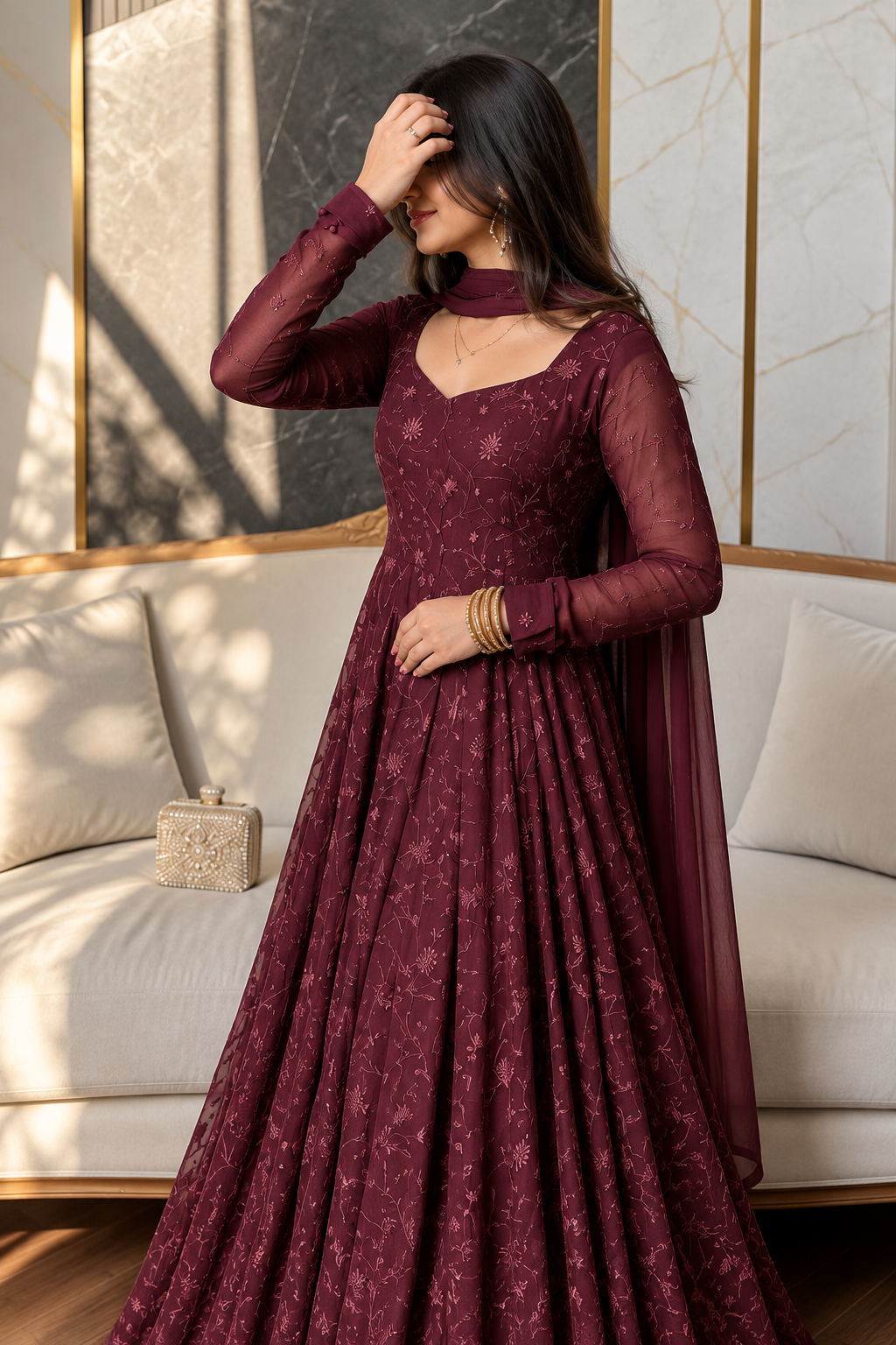 Royal Wine Floral Embroidered Anarkali Gown with Dupatta