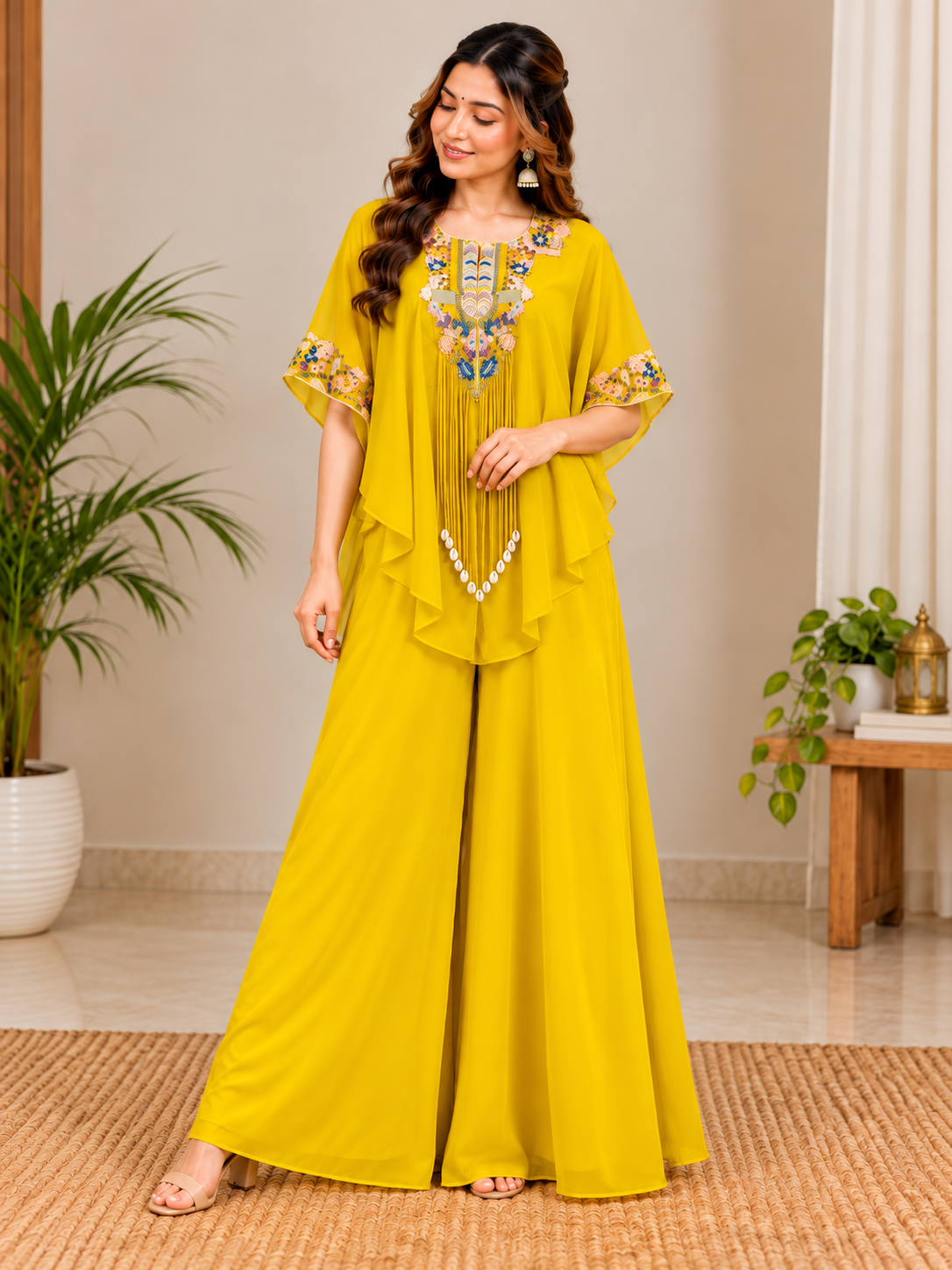 Radiant Mustard Yellow Embroidered Kaftan Palazzo Set