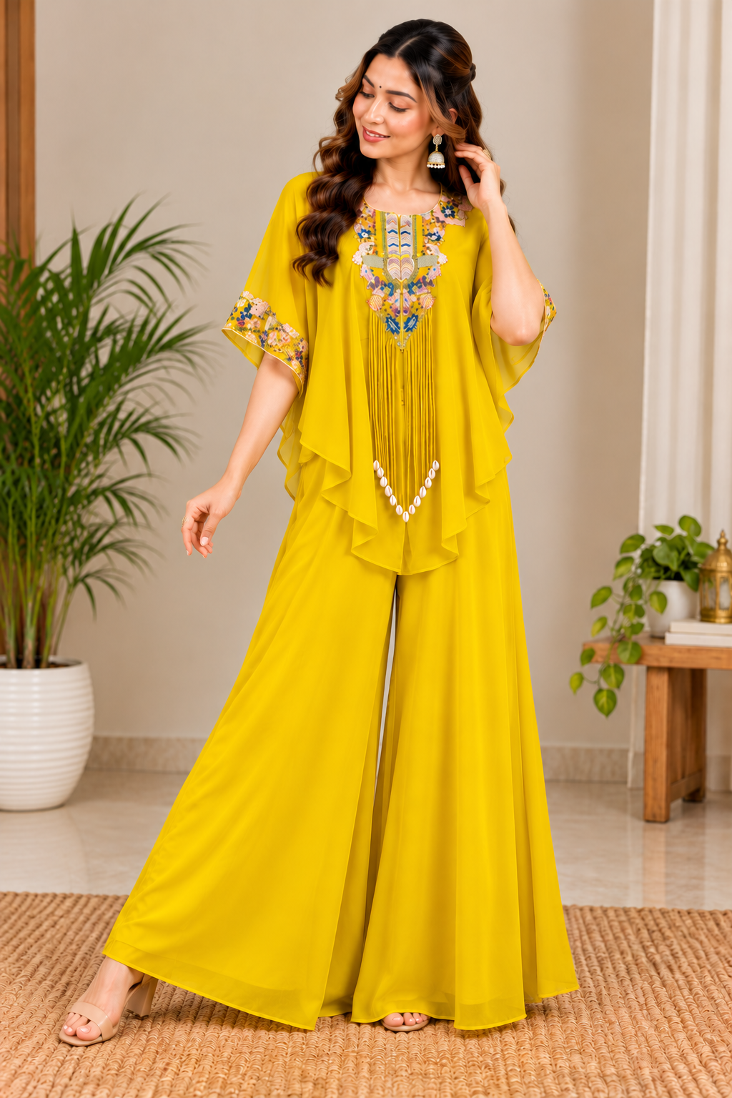 Radiant Mustard Yellow Embroidered Kaftan Palazzo Set