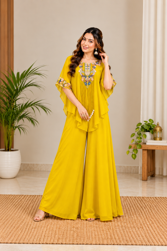 Radiant Mustard Yellow Embroidered Kaftan Palazzo Set