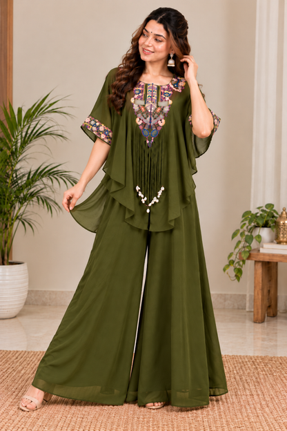 Classic Mehendi Green Embroidered Kaftan Palazzo Set