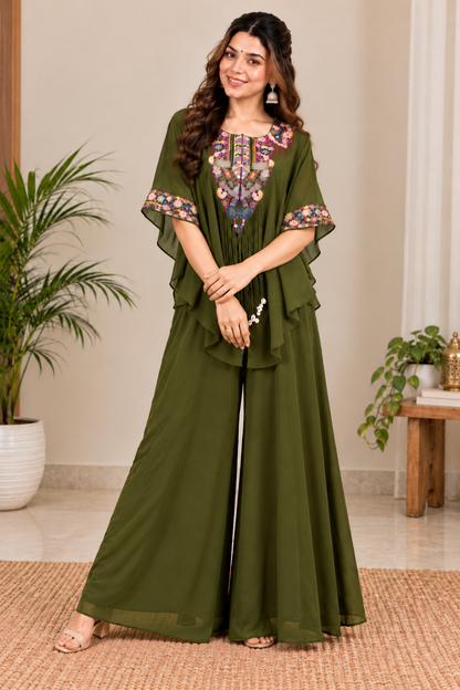 Classic Mehendi Green Embroidered Kaftan Palazzo Set