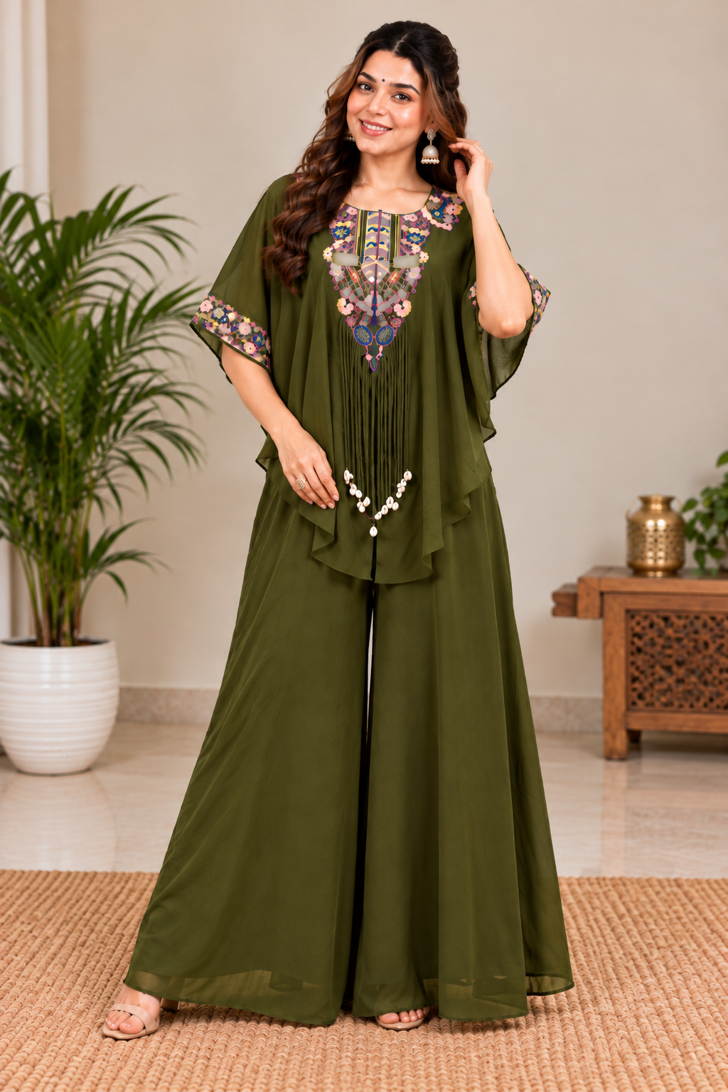 Classic Mehendi Green Embroidered Kaftan Palazzo Set