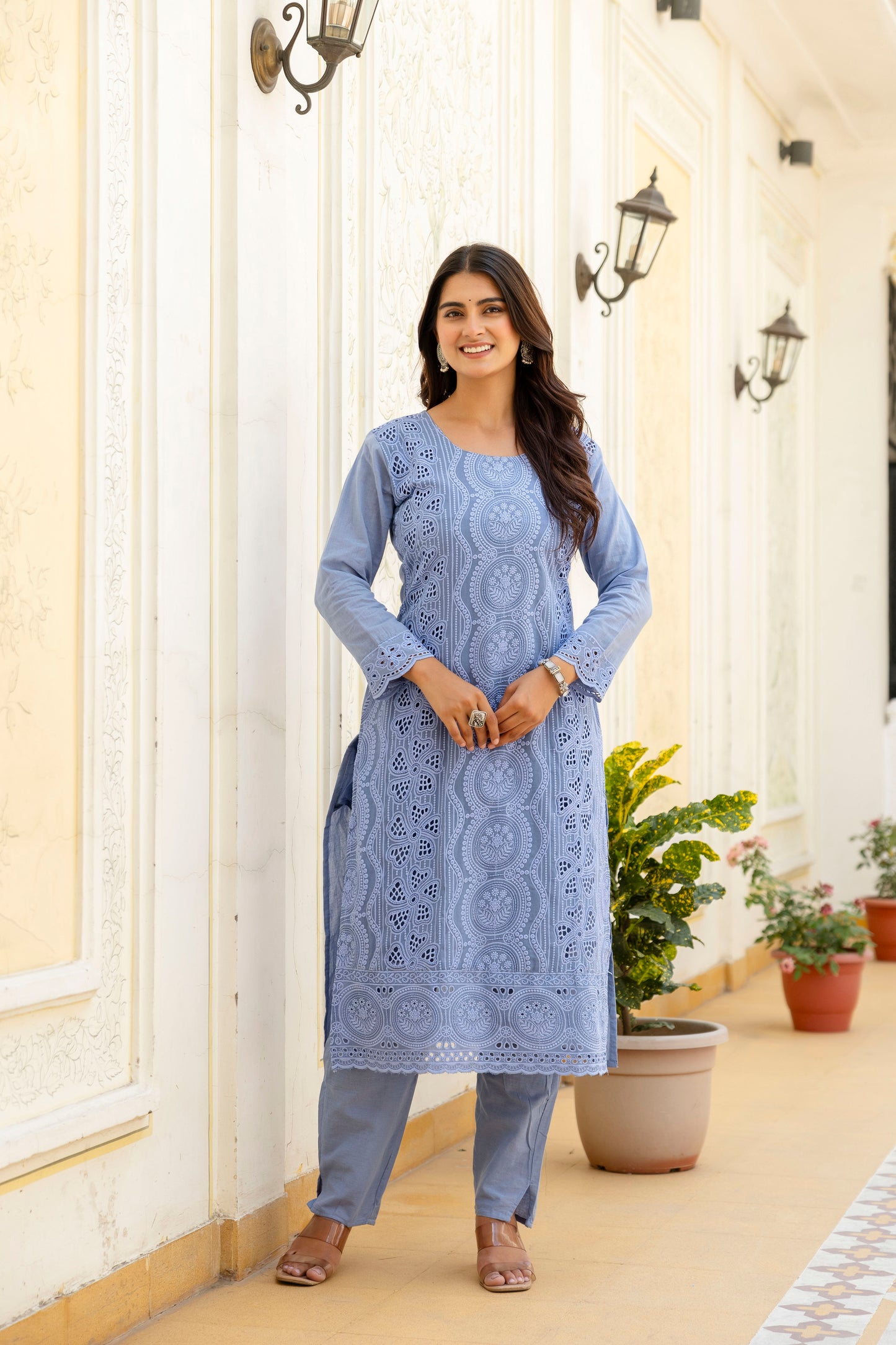 Elegent Blue Chikankari Embroidered Cotton Kurta Set with Scalloped Dupatta