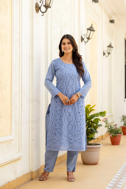 Elegent Blue Chikankari Embroidered Cotton Kurta Set with Scalloped Dupatta