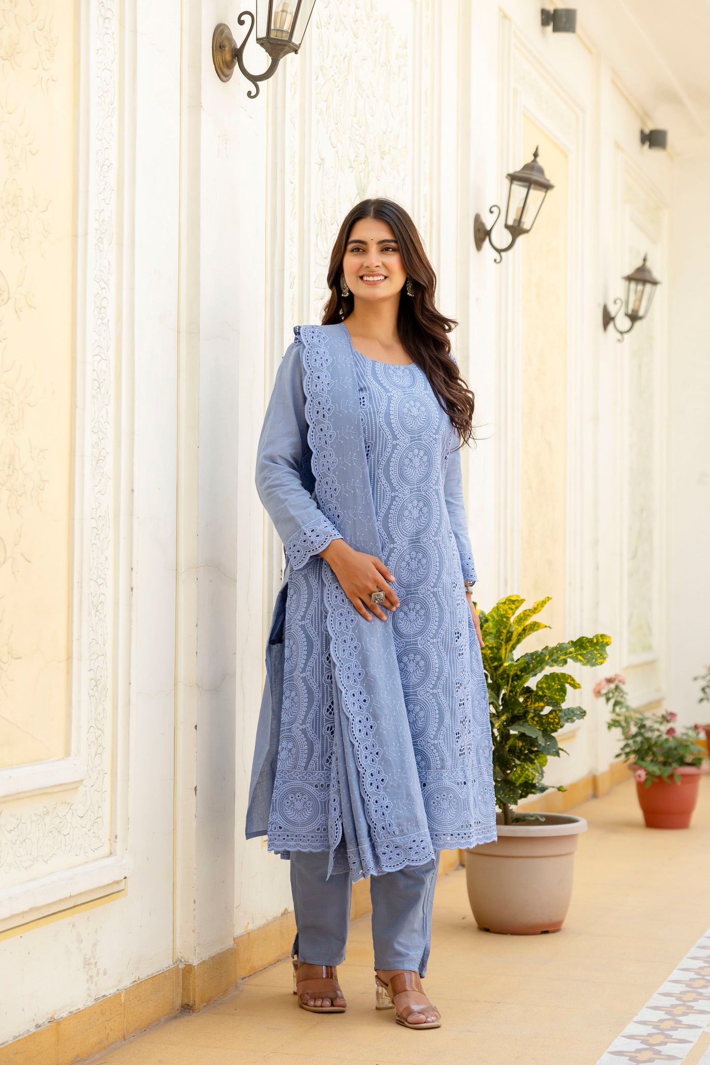 Elegent Blue Chikankari Embroidered Cotton Kurta Set with Scalloped Dupatta
