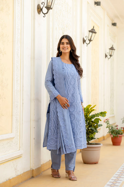 Elegent Blue Chikankari Embroidered Cotton Kurta Set with Scalloped Dupatta