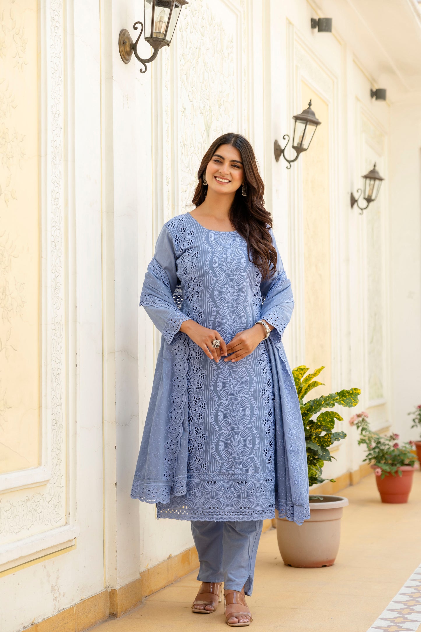 Elegent Blue Chikankari Embroidered Cotton Kurta Set with Scalloped Dupatta