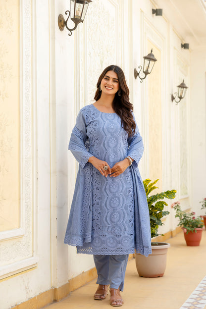 Elegent Blue Chikankari Embroidered Cotton Kurta Set with Scalloped Dupatta