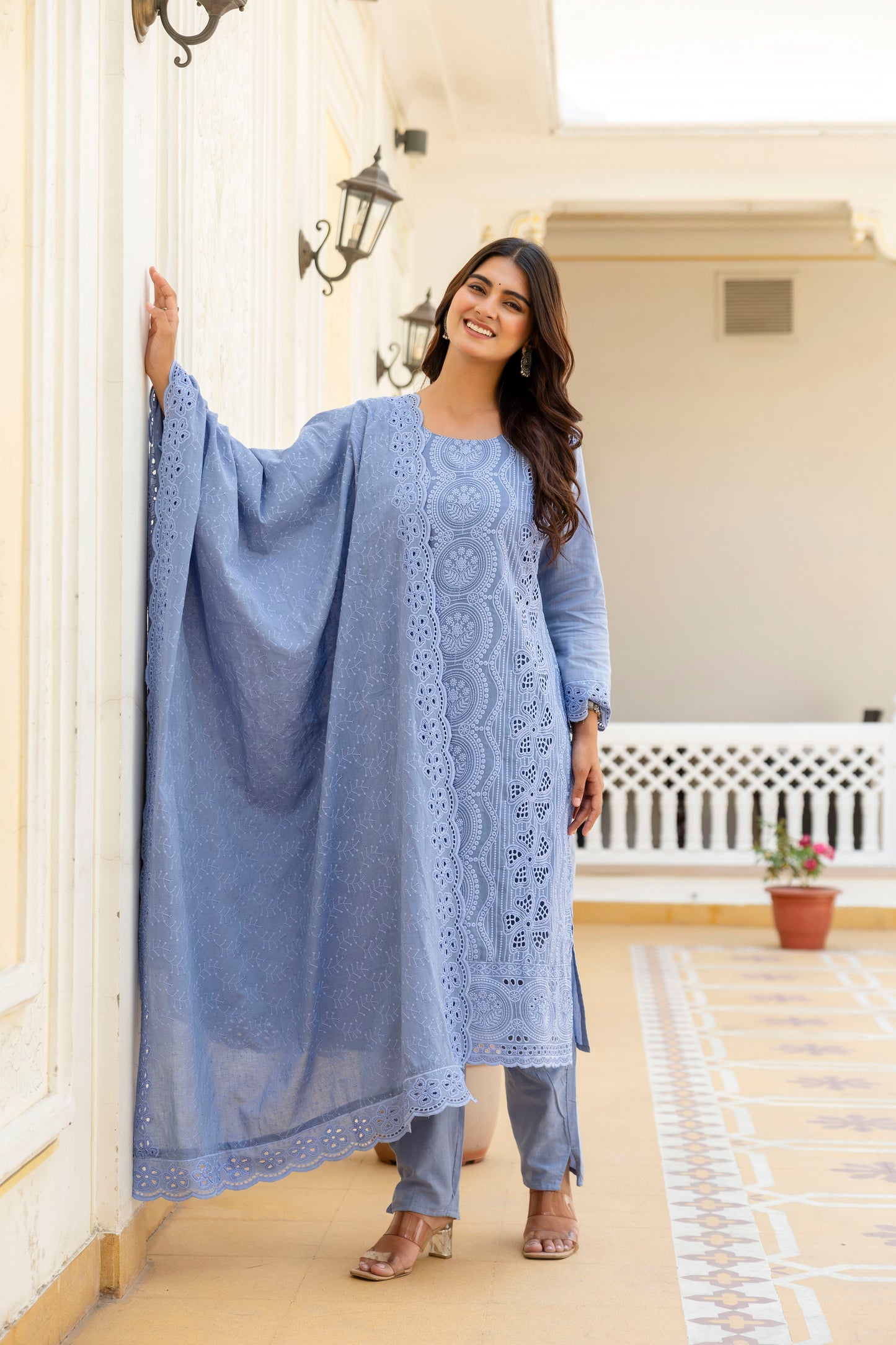 Elegent Blue Chikankari Embroidered Cotton Kurta Set with Scalloped Dupatta