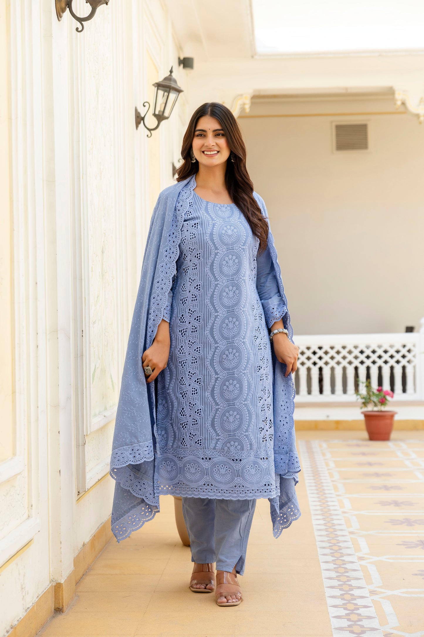 Elegent Blue Chikankari Embroidered Cotton Kurta Set with Scalloped Dupatta