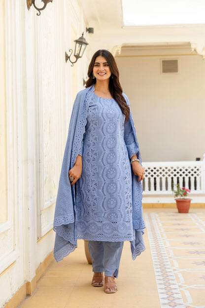 Elegent Blue Chikankari Embroidered Cotton Kurta Set with Scalloped Dupatta