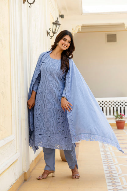 Elegent Blue Chikankari Embroidered Cotton Kurta Set with Scalloped Dupatta