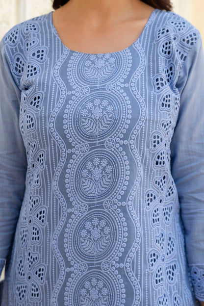 Elegent Blue Chikankari Embroidered Cotton Kurta Set with Scalloped Dupatta