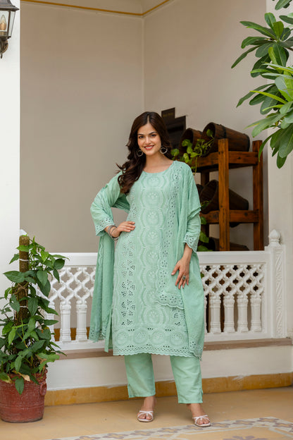 Mint Green Chikankari Embroidered Cotton Kurta Set with Scalloped Dupatta