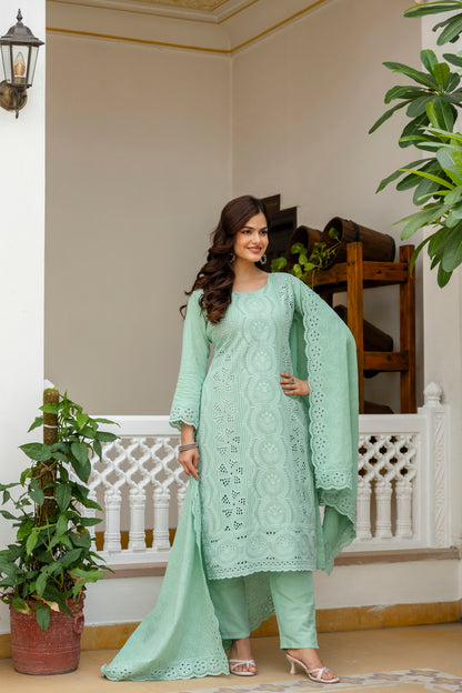 Mint Green Chikankari Embroidered Cotton Kurta Set with Scalloped Dupatta