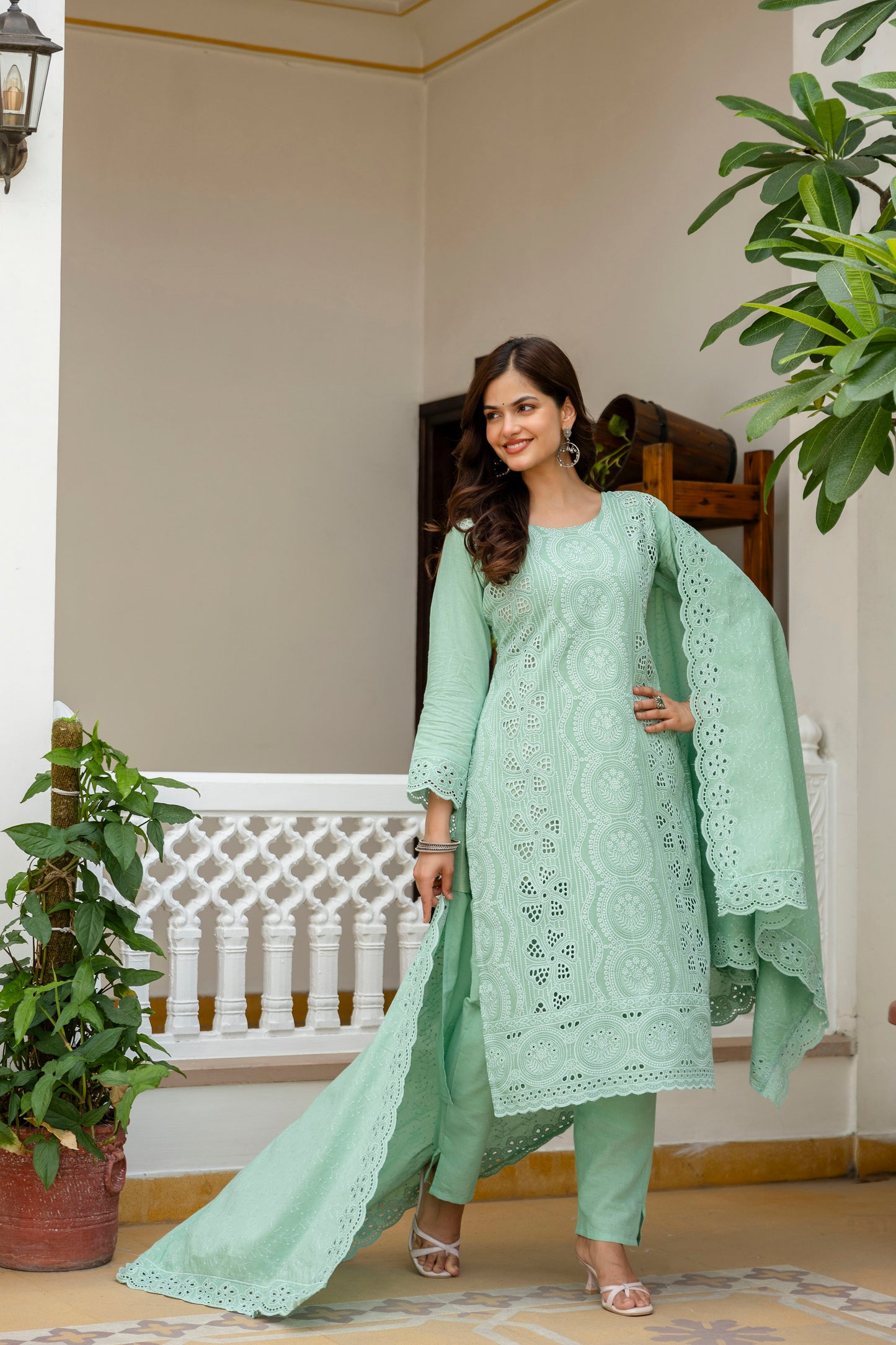 Mint Green Chikankari Embroidered Cotton Kurta Set with Scalloped Dupatta