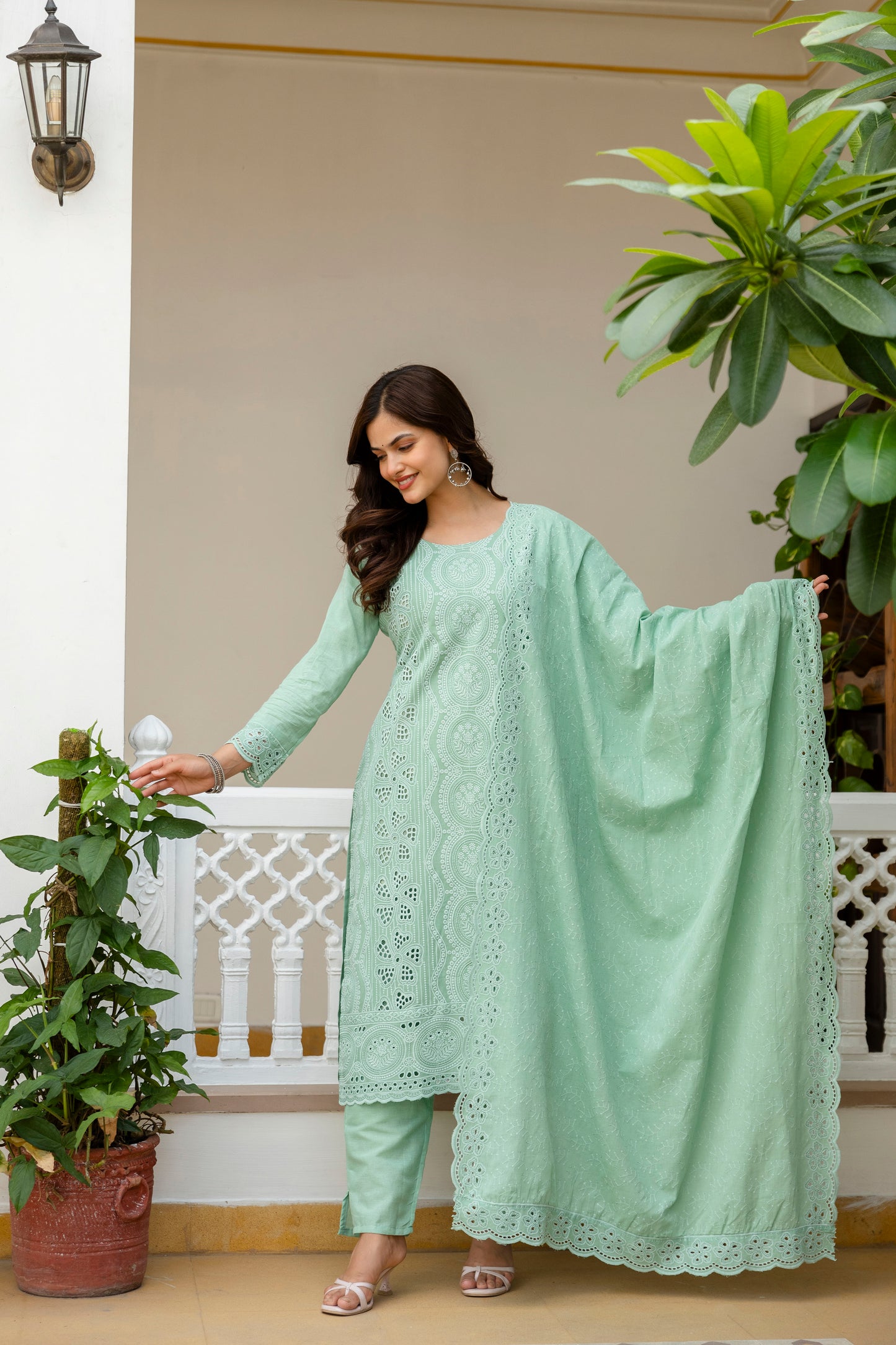 Mint Green Chikankari Embroidered Cotton Kurta Set with Scalloped Dupatta
