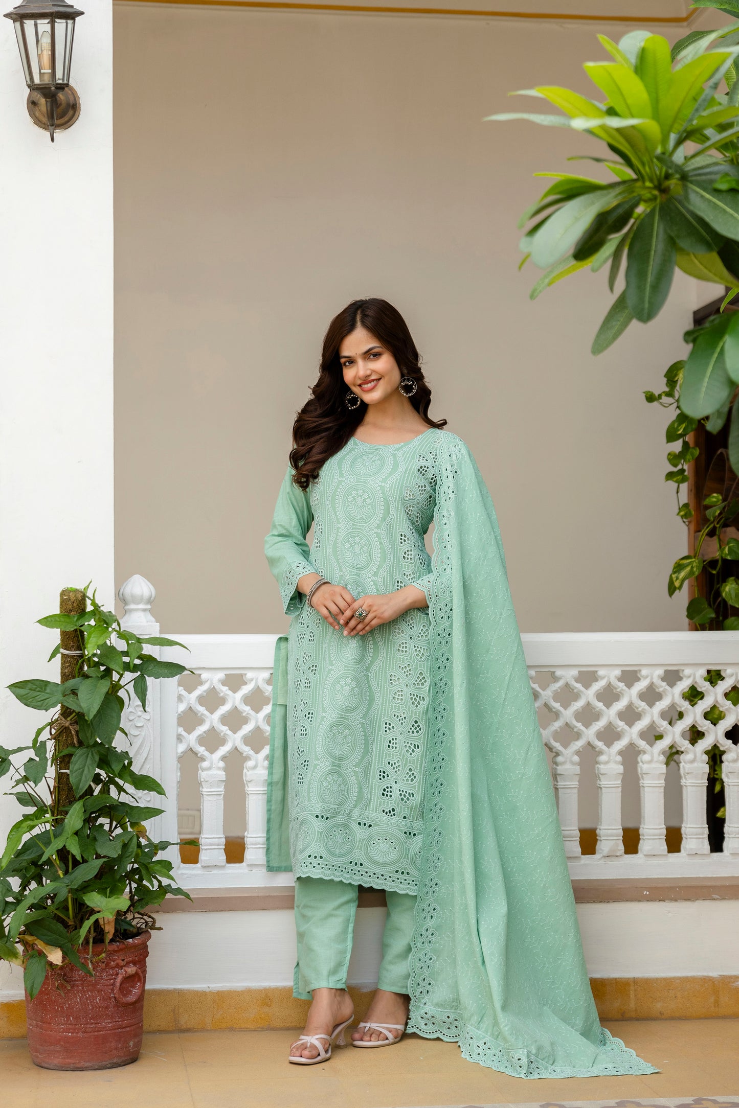 Mint Green Chikankari Embroidered Cotton Kurta Set with Scalloped Dupatta