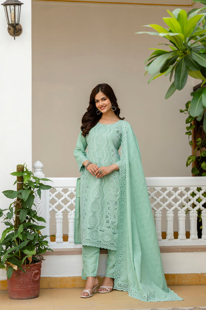 Mint Green Chikankari Embroidered Cotton Kurta Set with Scalloped Dupatta