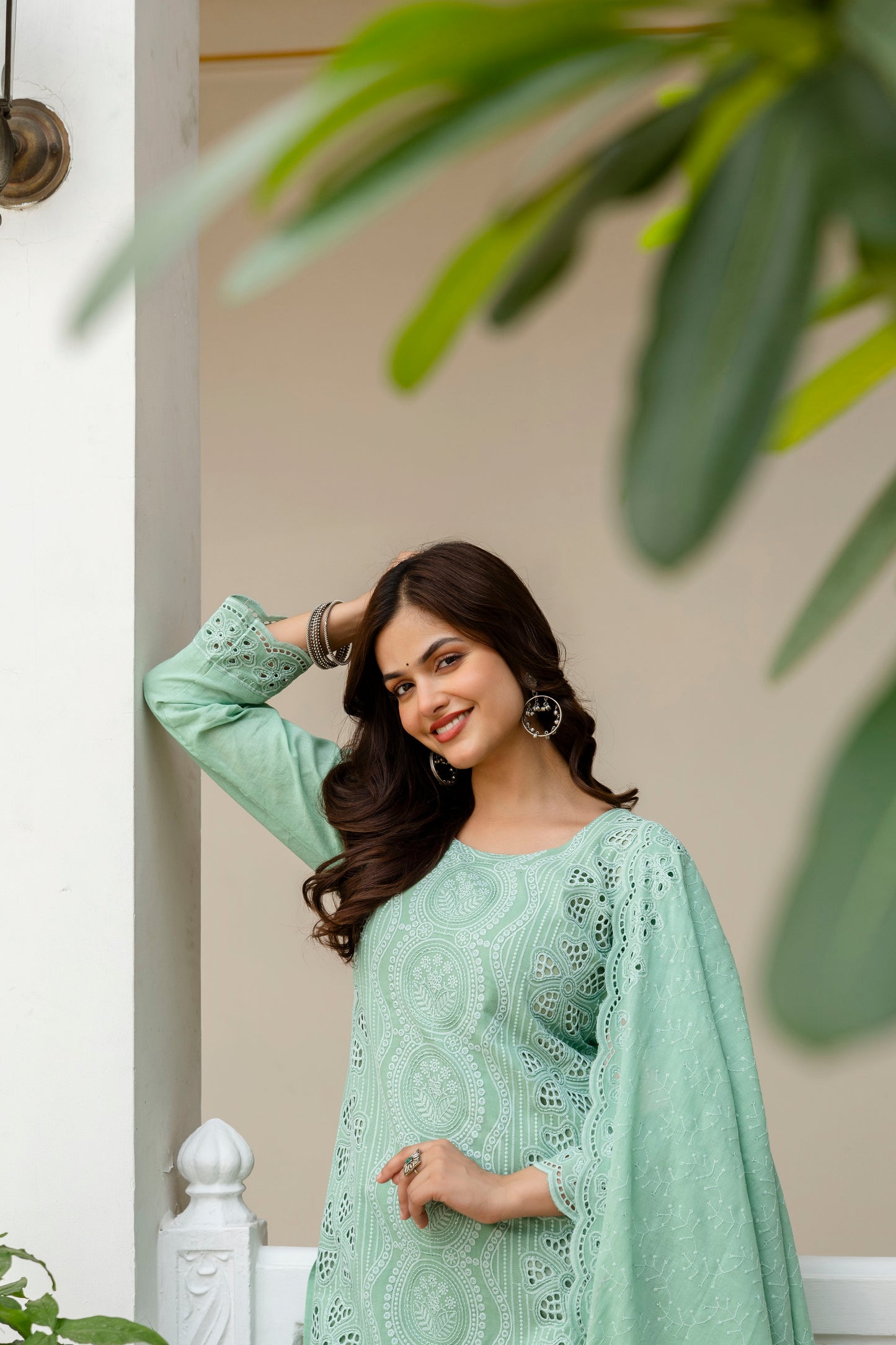 Mint Green Chikankari Embroidered Cotton Kurta Set with Scalloped Dupatta