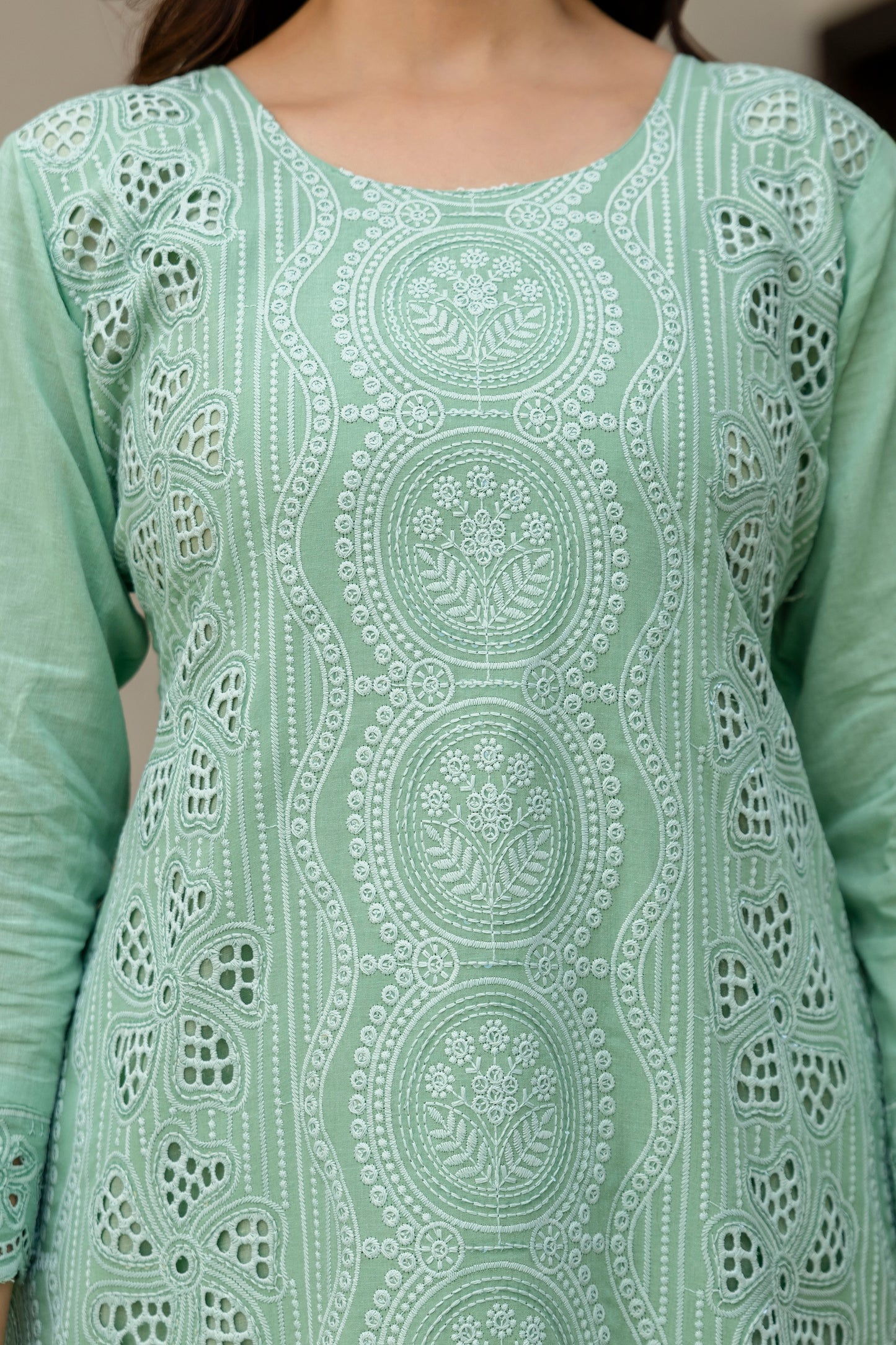 Mint Green Chikankari Embroidered Cotton Kurta Set with Scalloped Dupatta