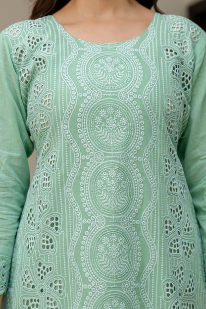 Mint Green Chikankari Embroidered Cotton Kurta Set with Scalloped Dupatta
