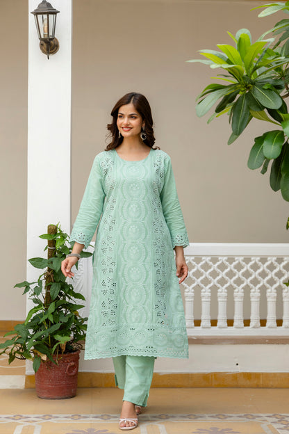 Mint Green Chikankari Embroidered Cotton Kurta Set with Scalloped Dupatta