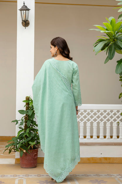Mint Green Chikankari Embroidered Cotton Kurta Set with Scalloped Dupatta