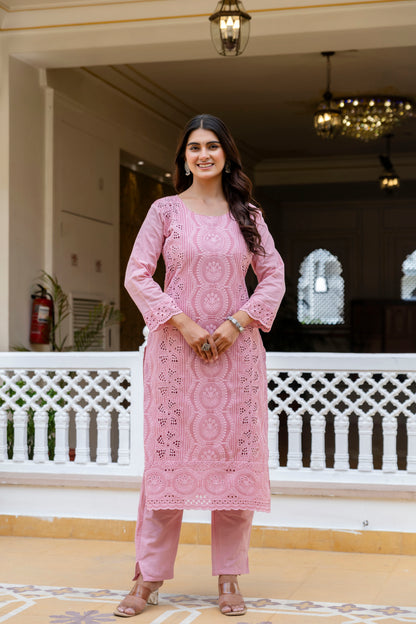 Dusty Pink Chikankari Embroidered Cotton Kurta Set with Scalloped Dupatta