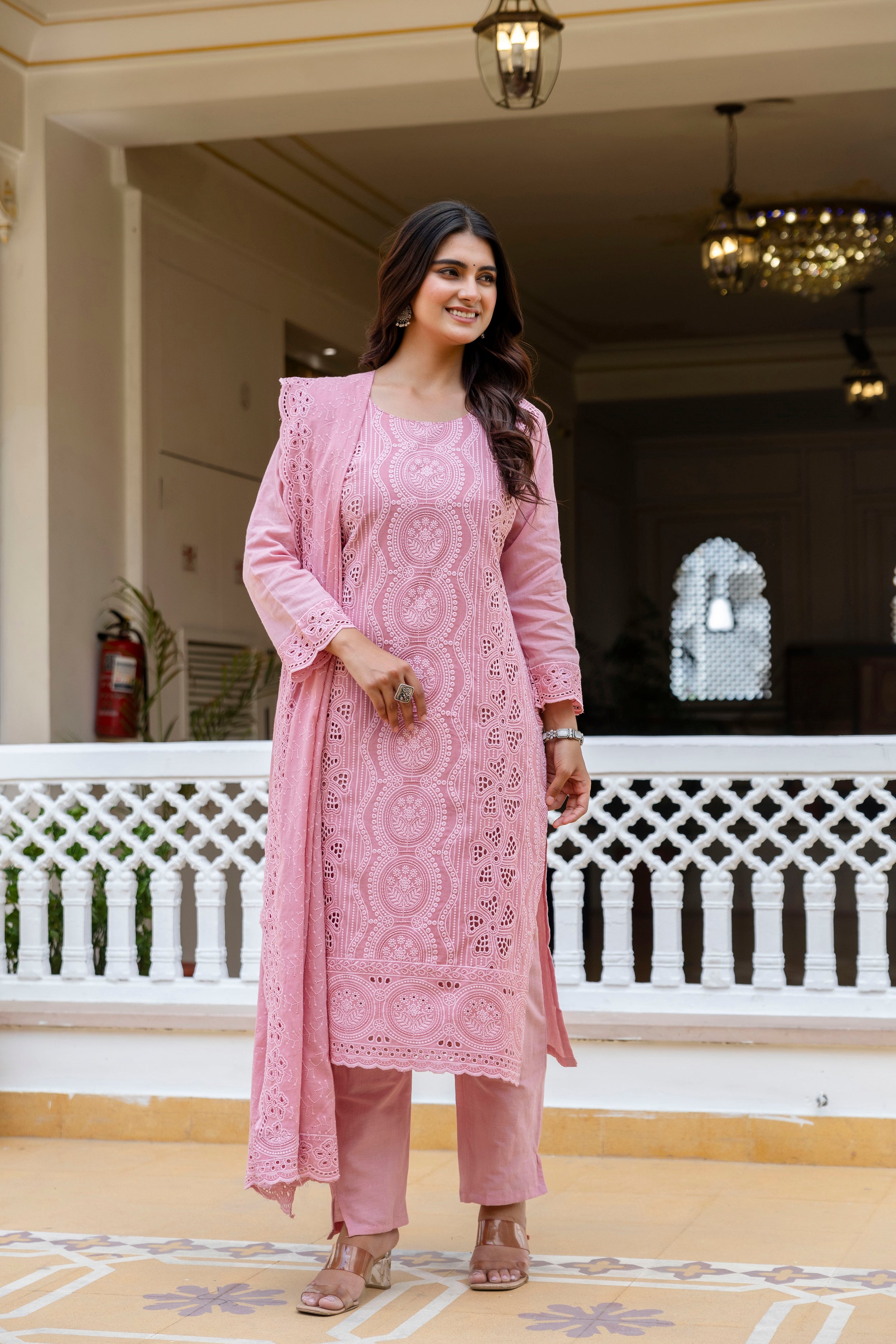 Dusty Pink Chikankari Embroidered Cotton Kurta Set with Scalloped Dupatta