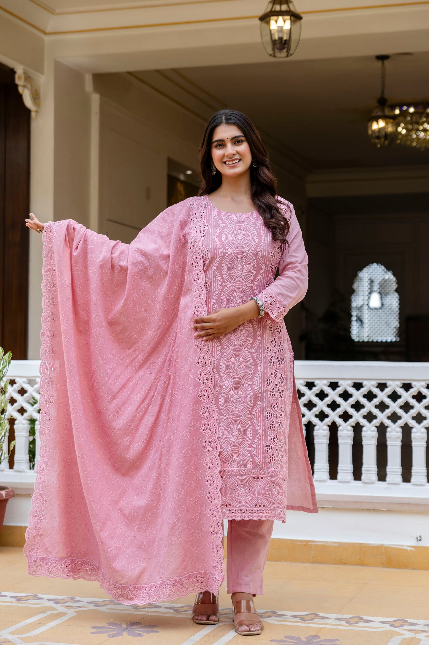 Dusty Pink Chikankari Embroidered Cotton Kurta Set with Scalloped Dupatta