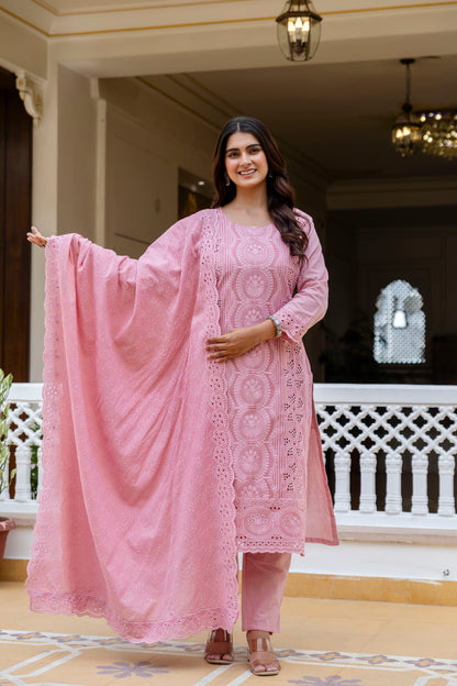 Dusty Pink Chikankari Embroidered Cotton Kurta Set with Scalloped Dupatta