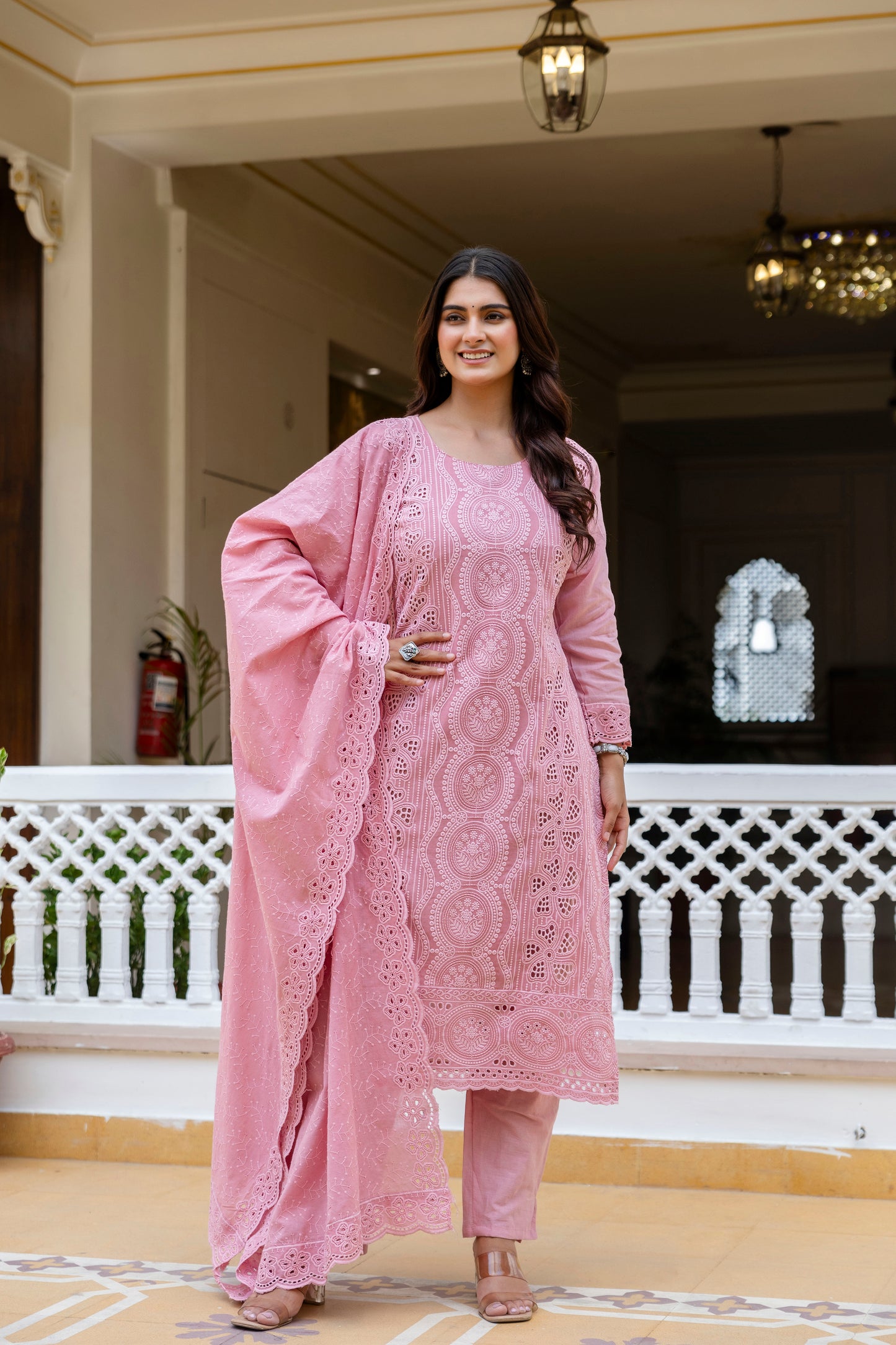 Dusty Pink Chikankari Embroidered Cotton Kurta Set with Scalloped Dupatta