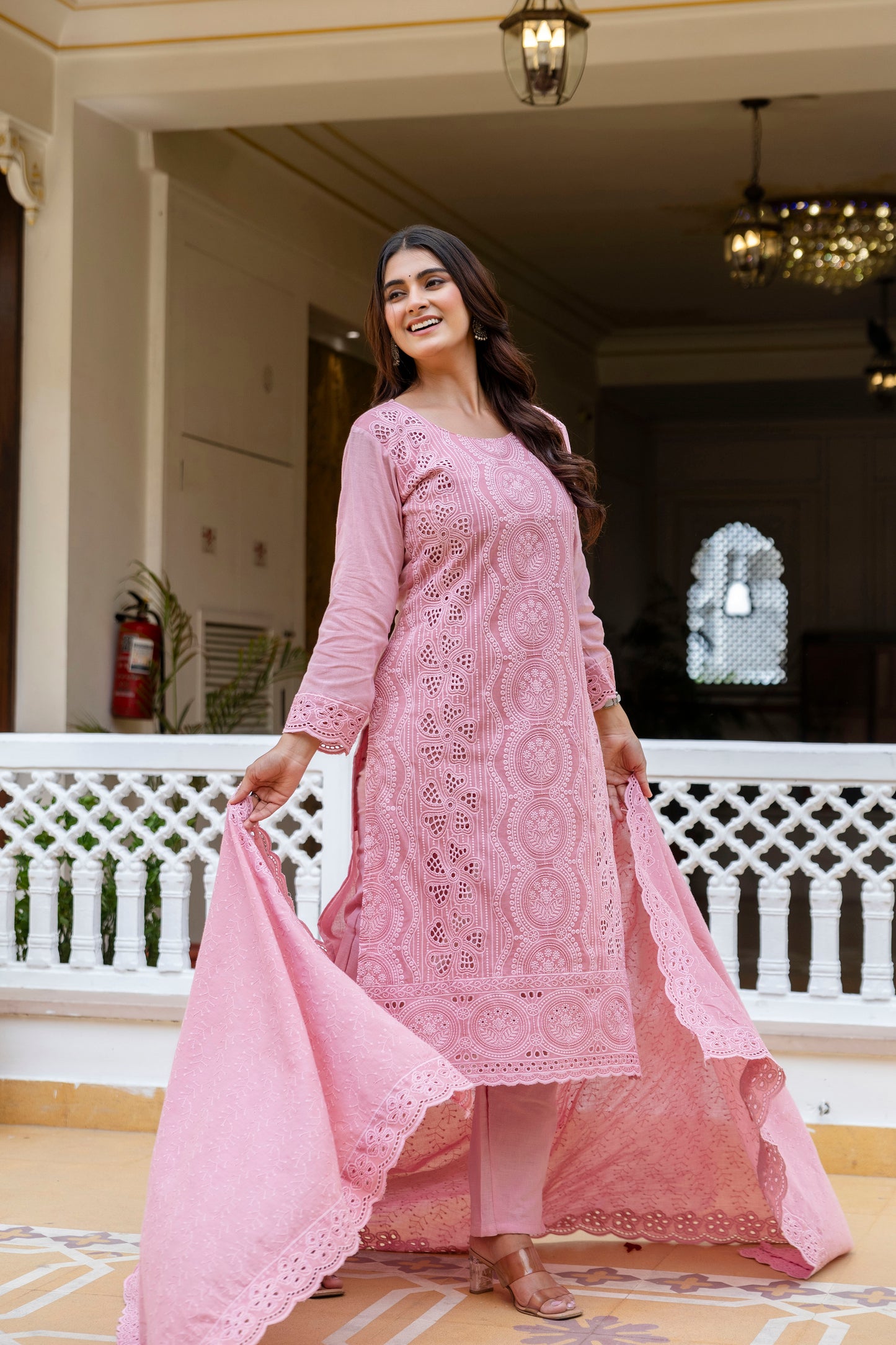 Dusty Pink Chikankari Embroidered Cotton Kurta Set with Scalloped Dupatta