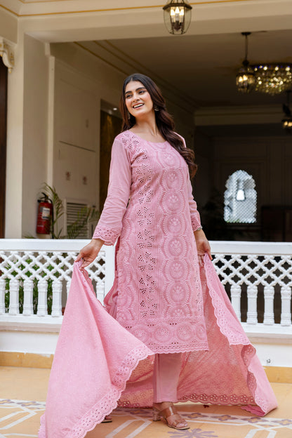 Dusty Pink Chikankari Embroidered Cotton Kurta Set with Scalloped Dupatta