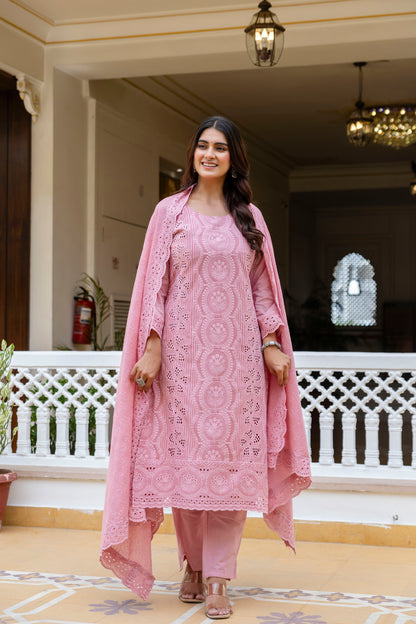 Dusty Pink Chikankari Embroidered Cotton Kurta Set with Scalloped Dupatta
