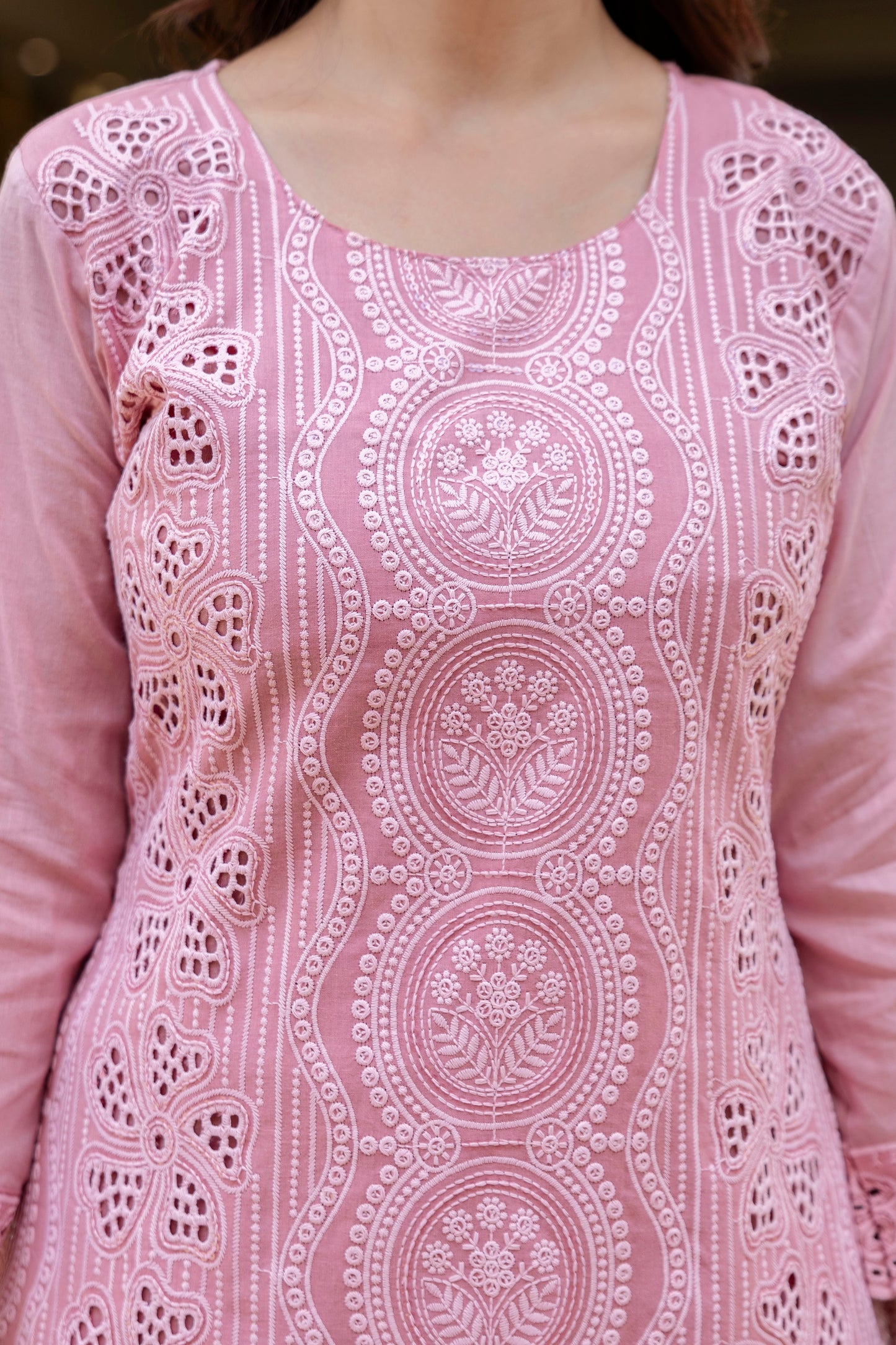 Dusty Pink Chikankari Embroidered Cotton Kurta Set with Scalloped Dupatta