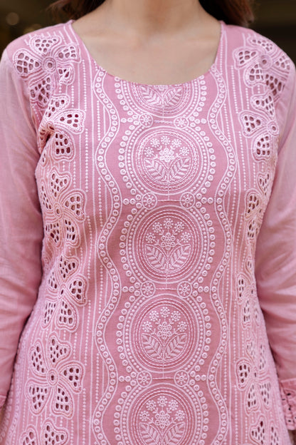 Dusty Pink Chikankari Embroidered Cotton Kurta Set with Scalloped Dupatta