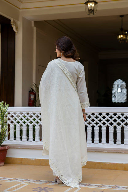 Off-White Chikankari Embroidered Cotton Kurta Set with Scalloped Dupatta