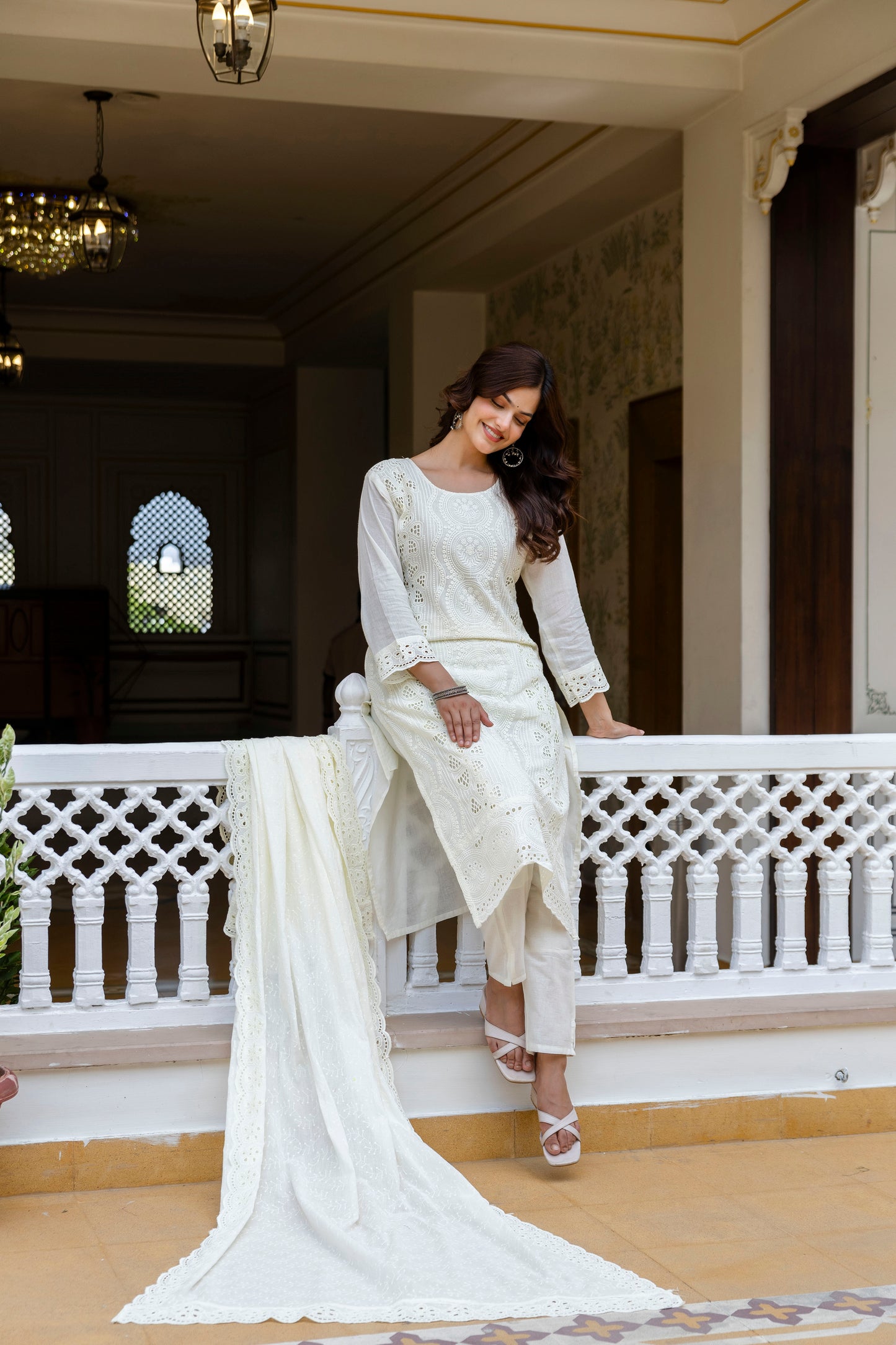 Off-White Chikankari Embroidered Cotton Kurta Set with Scalloped Dupatta