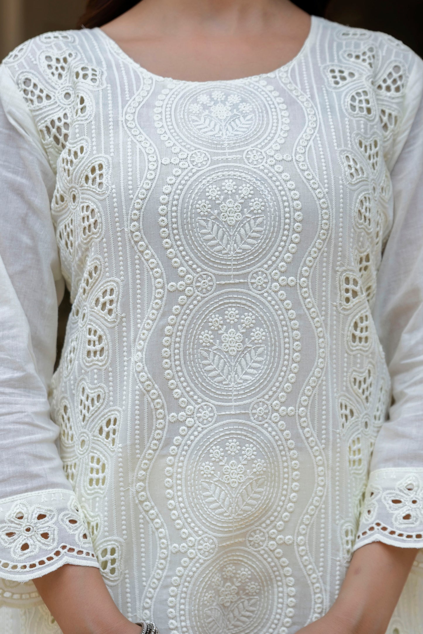 Off-White Chikankari Embroidered Cotton Kurta Set with Scalloped Dupatta