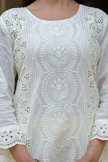Off-White Chikankari Embroidered Cotton Kurta Set with Scalloped Dupatta