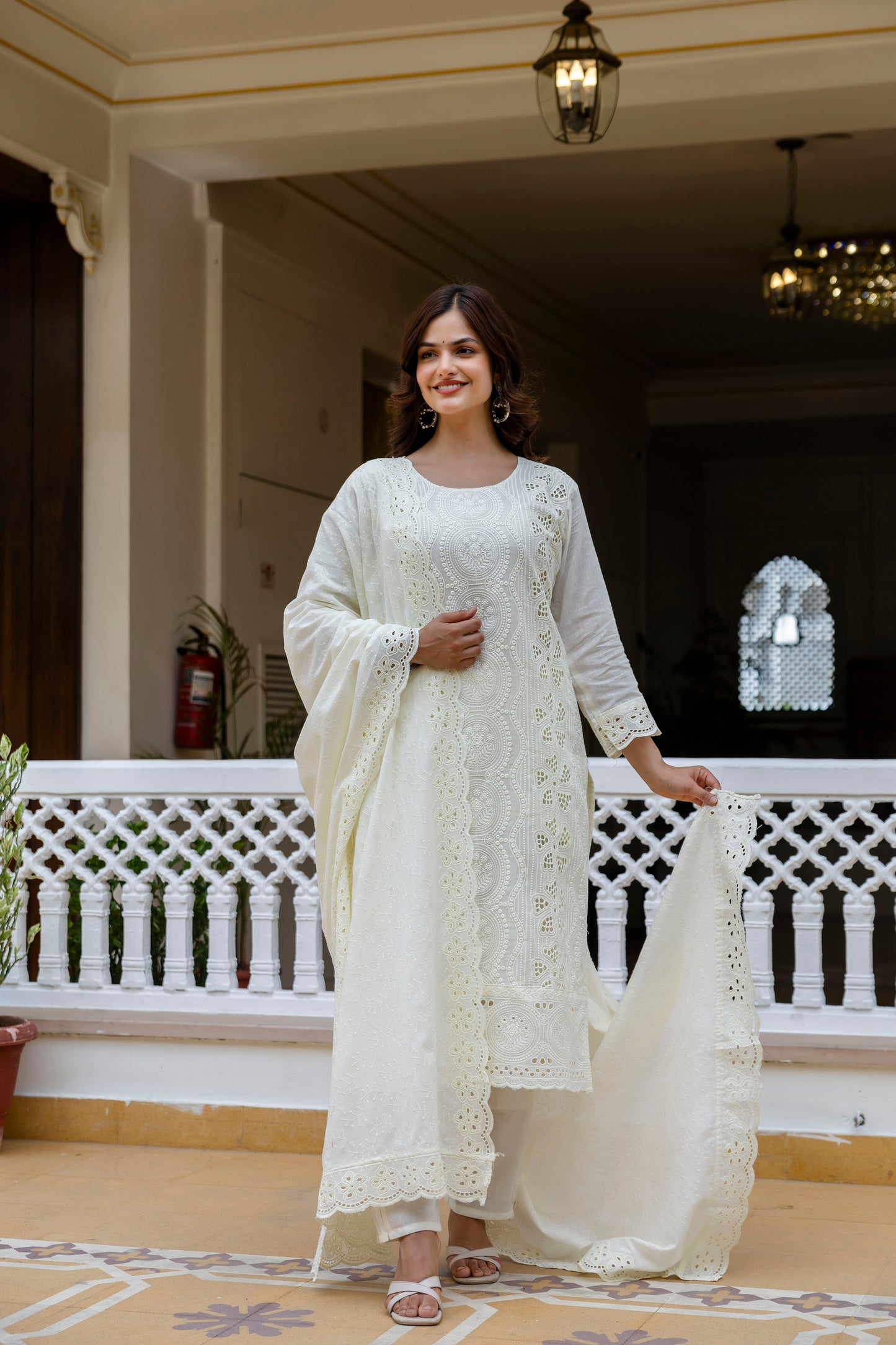 Off-White Chikankari Embroidered Cotton Kurta Set with Scalloped Dupatta