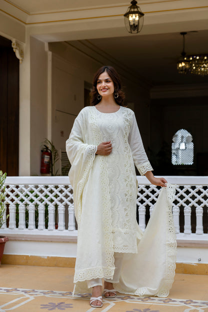Off-White Chikankari Embroidered Cotton Kurta Set with Scalloped Dupatta