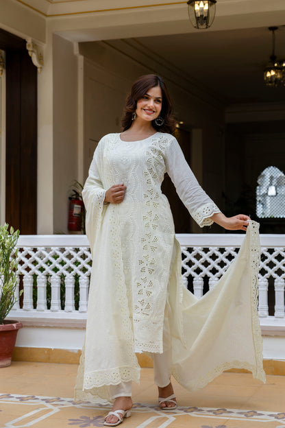 Off-White Chikankari Embroidered Cotton Kurta Set with Scalloped Dupatta